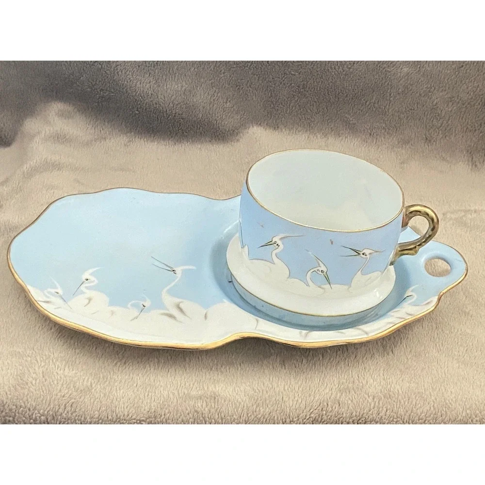 Vintage Hand Painted Japan Porcelain Snack Set Blue Heron Crane Tea Cup Tray
